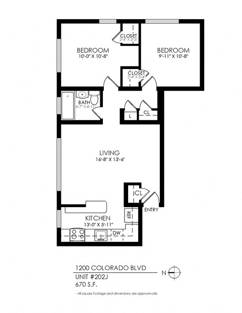 Floor plan for 2 beds, 1 bath, 670 sqft